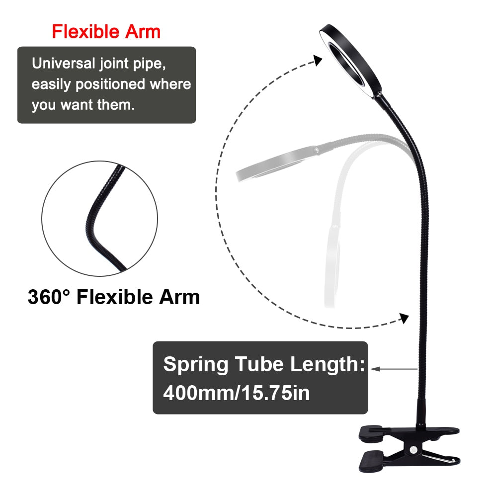 Flexible 5x Magnifier Table Top Desk Lamp - 3 Light Settings - USB - Black