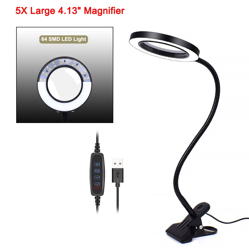 Flexible 5x Magnifier Table Top Desk Lamp - 3 Light Settings - USB - Black