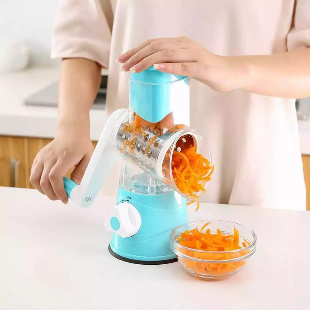 NEW! TURQUOISE STAINLESS STEEL TABLETOP ROTARY DRUM GRATER, SHREDS