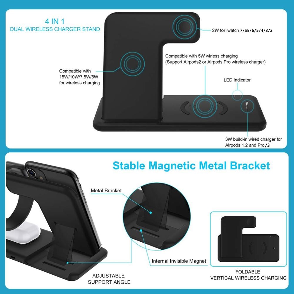 Foldable 4-in-1 Fast Wireless Charger Stand For iPhone 14, 13, 12, 11, 8, Apple Watches & AirPods Pro
