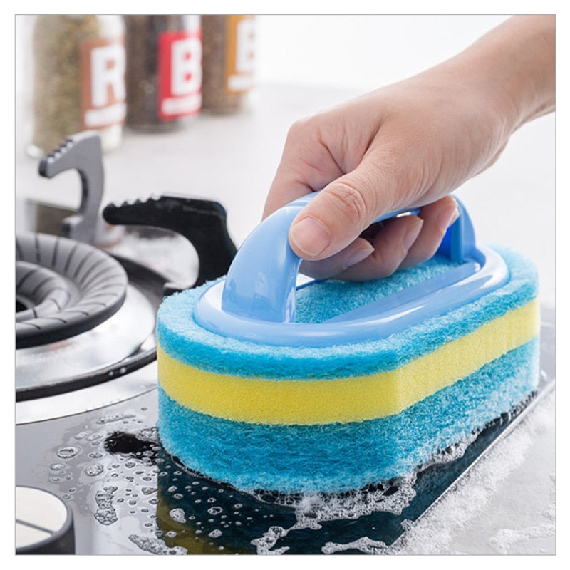 Bathroom and Kitchen Cleaning Brush with Handle and Sponge